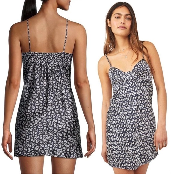 NWT‎ FREE PEOPLE 90s Y2K Floral Satin Sleeveless Mini Dress Smocked Back Slip M - Picture 6 of 11